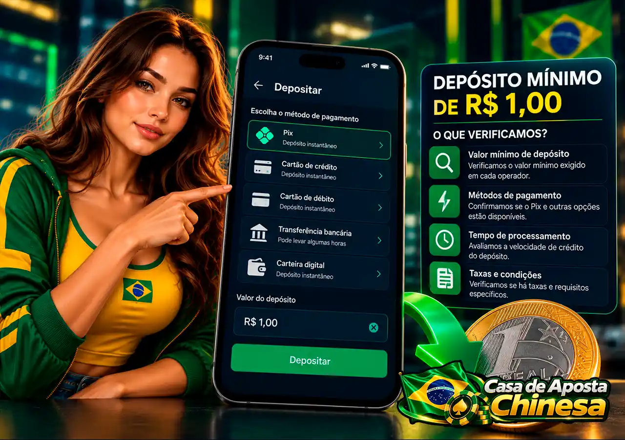 Caixa da casa de aposta no celular com símbolo de depósito de R$1.